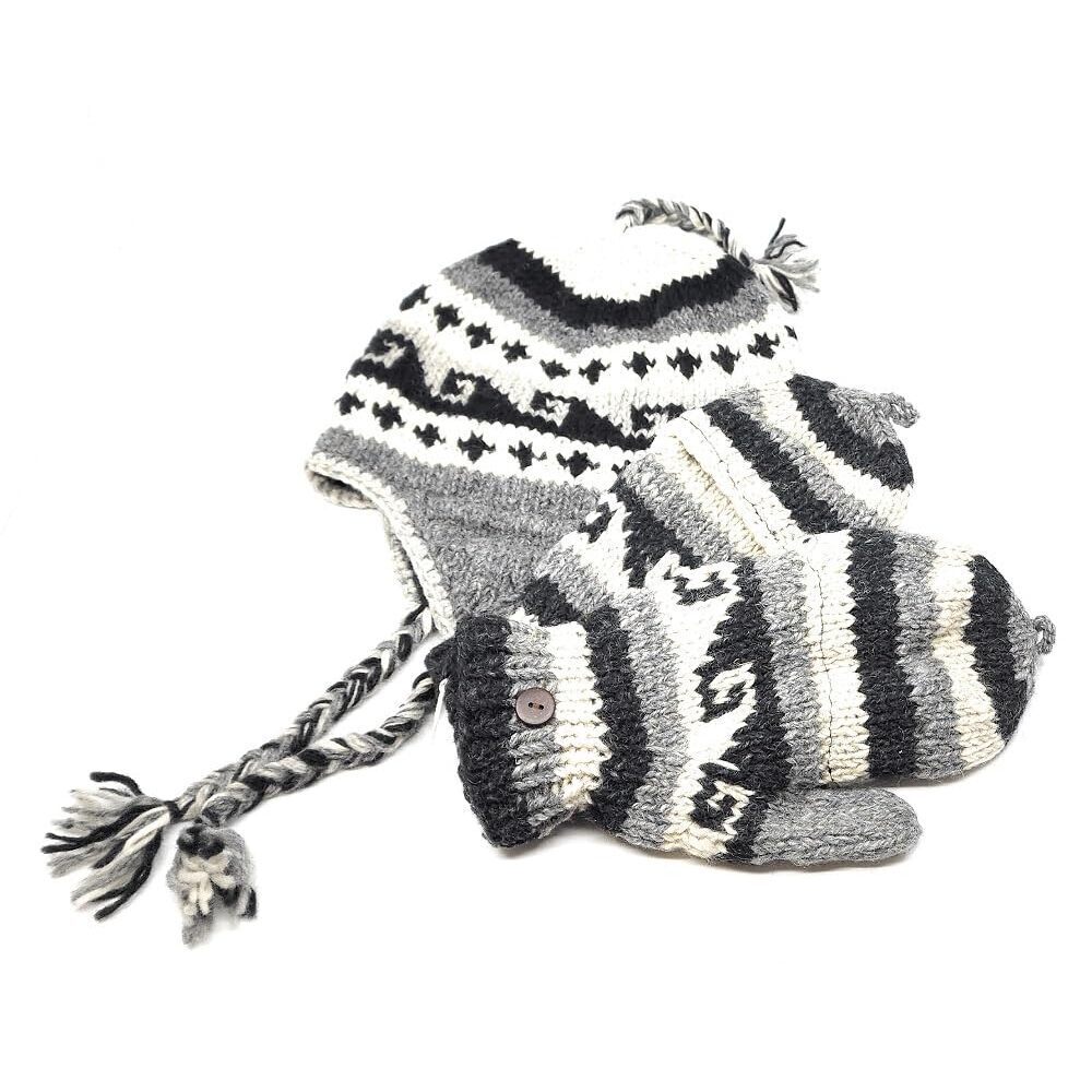 6752 Hand Knit Wool Ear Flap Hat + Matching Convertible Fingerless Mittens